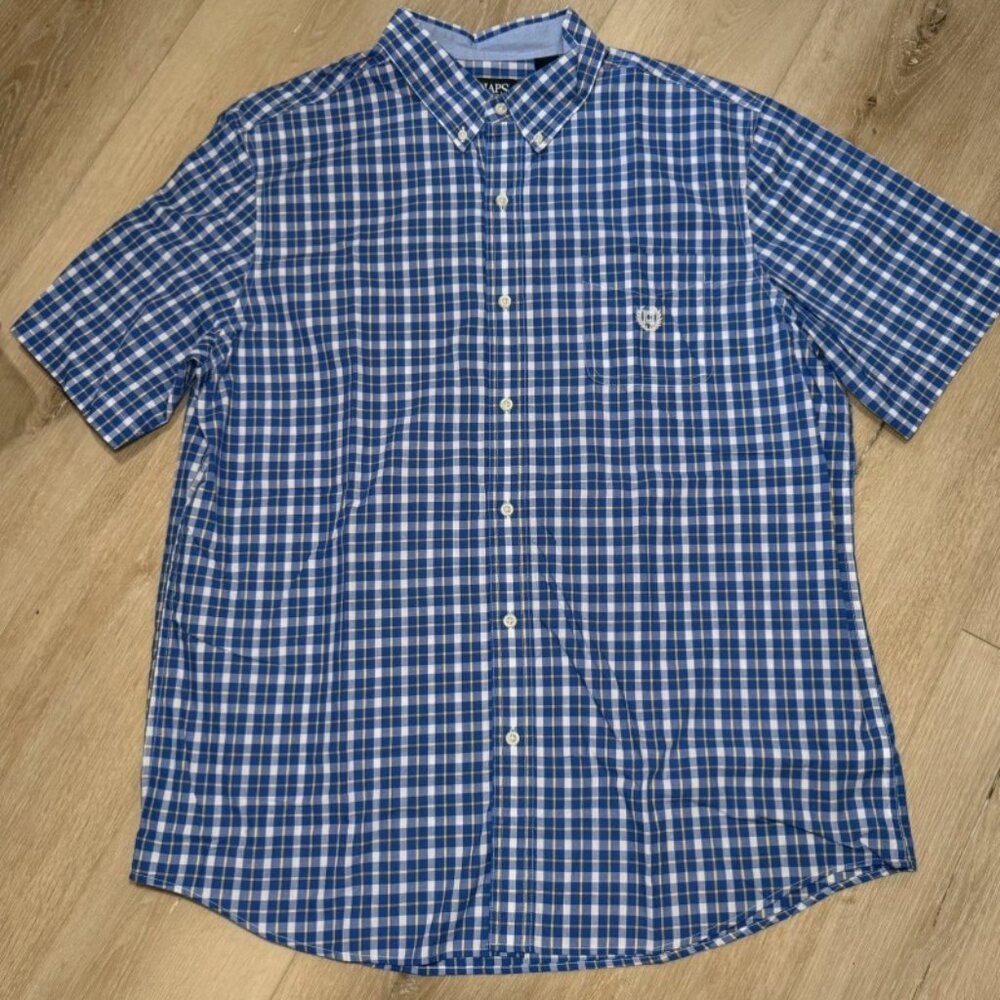 CHAPS Easy Care Button Down Plaid Blue Yellow White Short Sleeve Men's Size XL